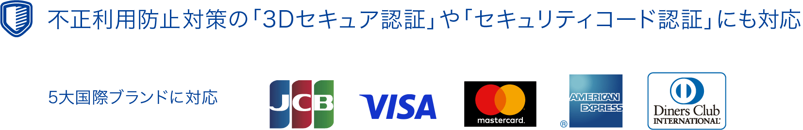 5大国際ブランド(VISA、MasterCard、JCB、AMEX、Diners Club)に対応。不正利用防止対策の「3Dセキュア認証」や「セキュリティコード認証」にも対応しています。